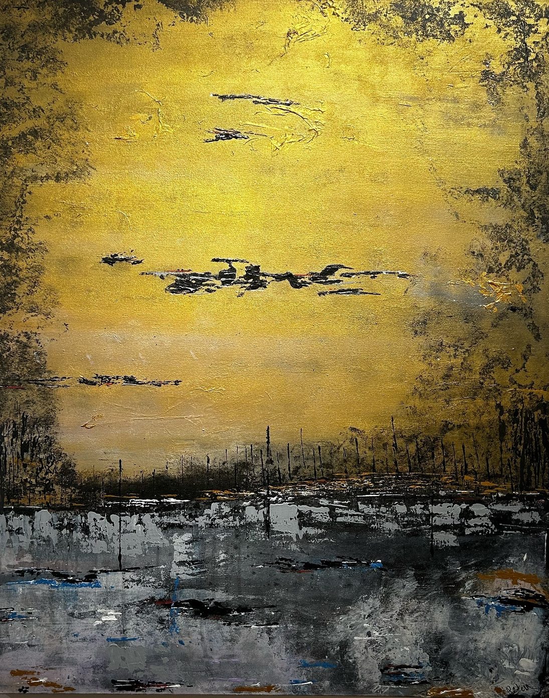 Gold and silver textured abstract painting by Özlem Çuhadar